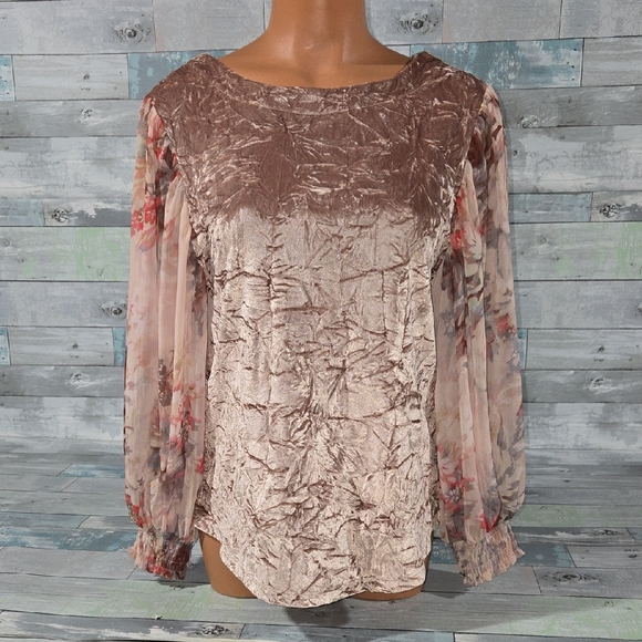Meadow Rue Tops - Meadow Rue Velvet Floral Blouse in Brown and Cream Sheer Floral Sleeve X-Small
